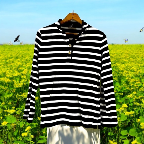 ANN KLEIN black white stripe long sleeve top S - Picture 3 of 10